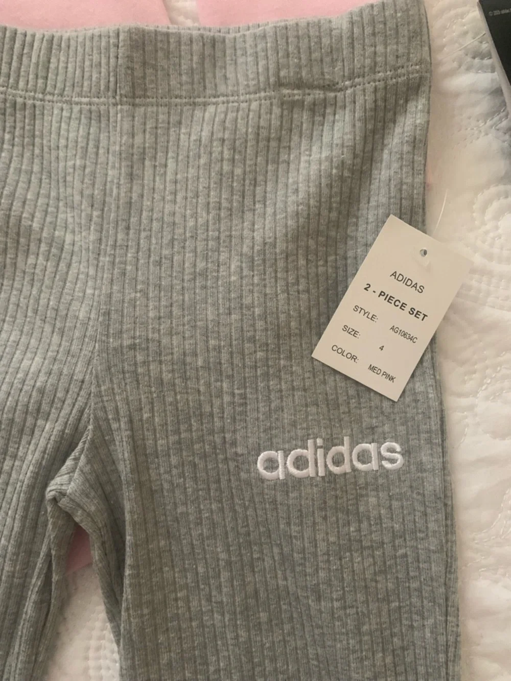 adidas girl’s Pink Crewneck Sweatshirt and Gray Ribbed Leggings Set